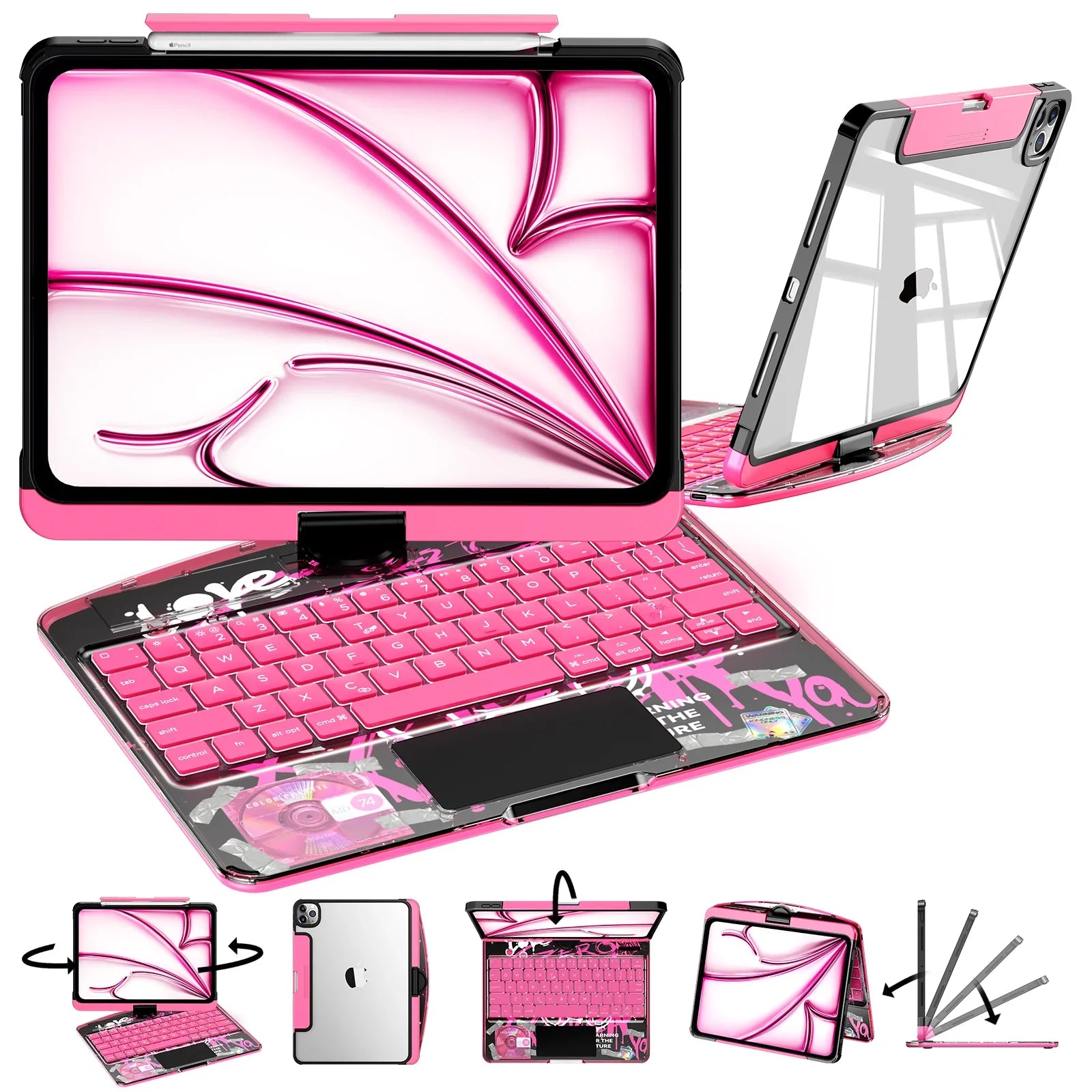 ZHANJIE Y2K Transparent Pink 360° Rotating iPad Keyboard Case