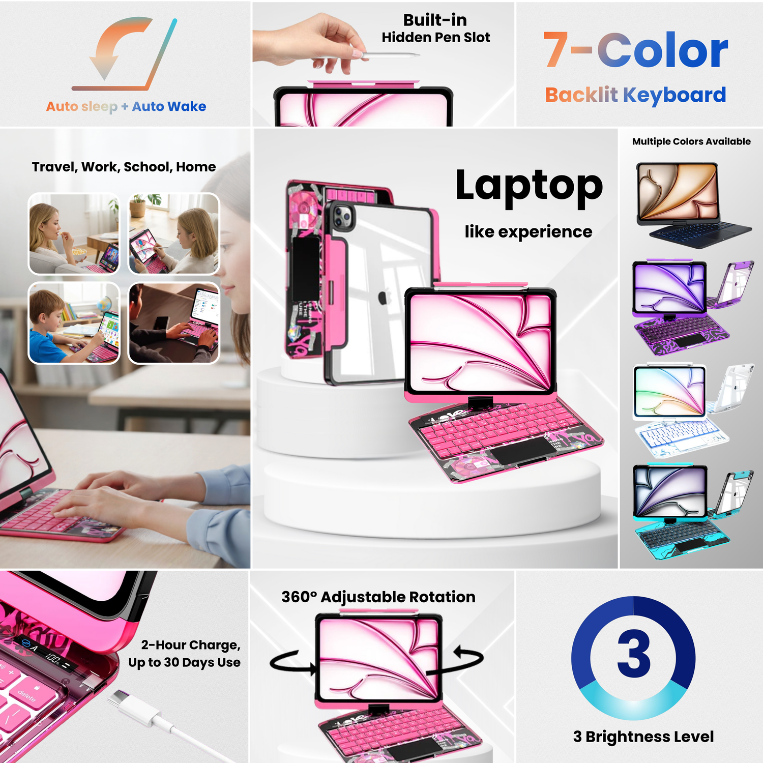Y2K Transparent Pink 360° Rotating iPad Keyboard Case